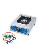 Campingkocher Edelstahl Gaskocher 1 flammig mit Zündsicherung und Piezozündung (mit Gasschlauch und Gasregler mit Manometer)