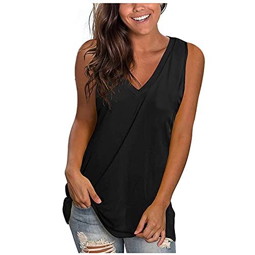 KOG Bluse Damen Elegant Ärmellose T-shirt Shirt Casual Weiß Oberteile mit Flügelärmeln Frauen Schwarz Kleidung Frau Grau Sommer Shirts Top Damen V-Ausschnitte Tshirt Klamotten Schwarz L