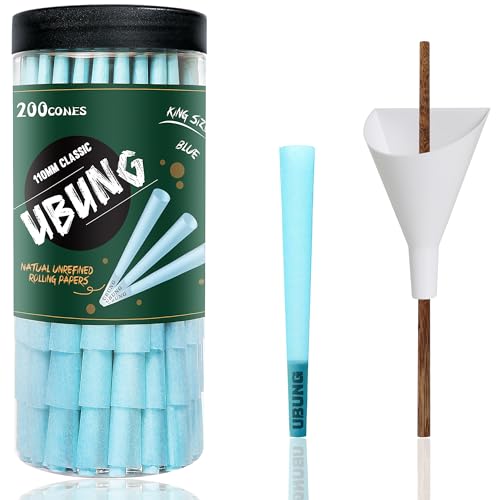 UBUNG Blue Cones 200 Pcs, Classic King Size Blue Slow Burning Pre Rolled Cones With Tips, Blue Rolling Papers Cones, 1 Cone Loader Funnel and 1 Push Rod Included