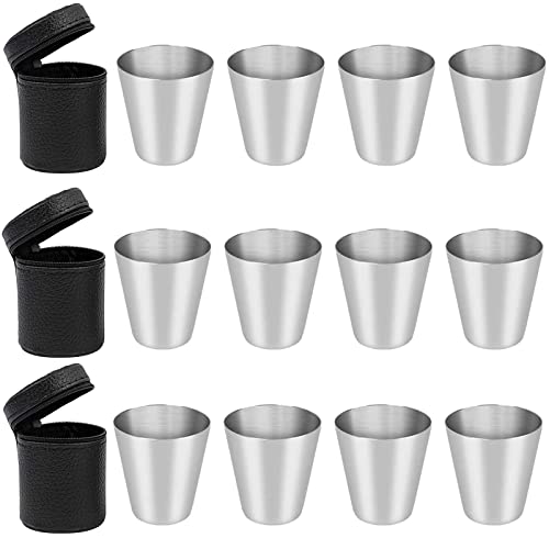 CYH191 12 Stück Edelstahl Schnaps-Becher Set - 30ml Shot-Gläser aus Metall - Flachmann Becher mit Leder Tasche - Tragbar Metallbecher Schnaps-Gläser Set für Outdoor Camping Wandern Picknick Reisen