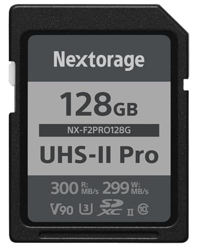 Nextorage Japanischer Hersteller UHS-II SD Karte 128GB SDXC V90 Maximale Lesegeschwindigkeit 300MB/s Maximale Schreibgeschwindigkeit 299MB/s pSLC 4K/8K Aufnahme NX-F2PRO128G Speicherkarte