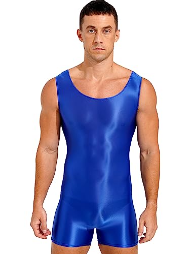 TiaoBug Herren ÖL Glanz Body Ärmellos/Kurzarm Bodysuit mit Bein Einteiler Kompression Unterwäsche Sport Trikot Leotard Blau F XL