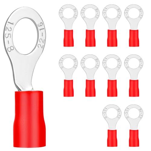 20Stk Ringkabelschuhe 0,5-1,5 mm²Loch-Ø M8 Kabelschuhe Quetschverbinder Teillisoliert PVC Kabel-Verbinder aus Kupfer verzinnt rot