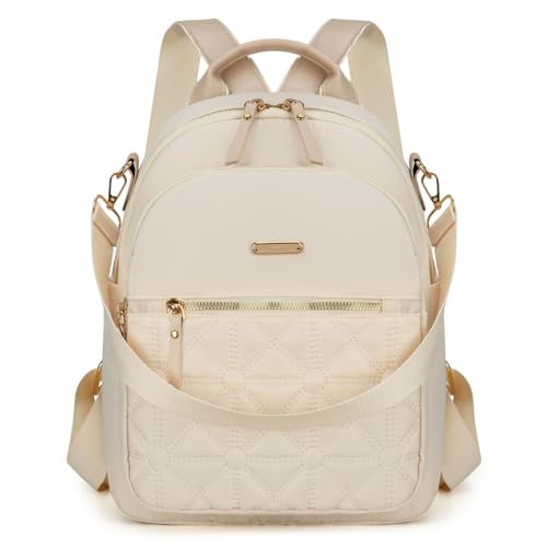 JANSBEN Rucksack Damen Klein, Cityrucksack Anti-Diebstahl Schultasche Nylon Schultertaschen Daypacks Damen Rucksackhandtaschen für Lässig Schule Reise Arbeit,Beige