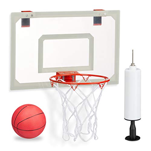 Relaxdays Basketballkorb fürs Zimmer, im Set mit Ball und Luftpumpe, Backboard zum an die Tür hängen, ohne Bohren, mehrfarbig