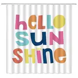 CCXTCZ Hello Sunshine Duschvorhang, lustige Zitate, bunte englische Buchstaben, Hello Sunshine Sonne, schlicht, klassisch, Cartoon, kreative Kunst, Polyester, Badezimmer-Dekor-Set, Vorhang mit Haken,