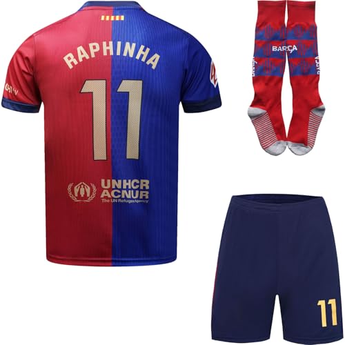 HUSSATEX Barca 2024/2025 Rapinha Heim Kinder Fußball Trikot & Shorts mit Socken Geschenk Set Jugendgrößen (Blau,30)