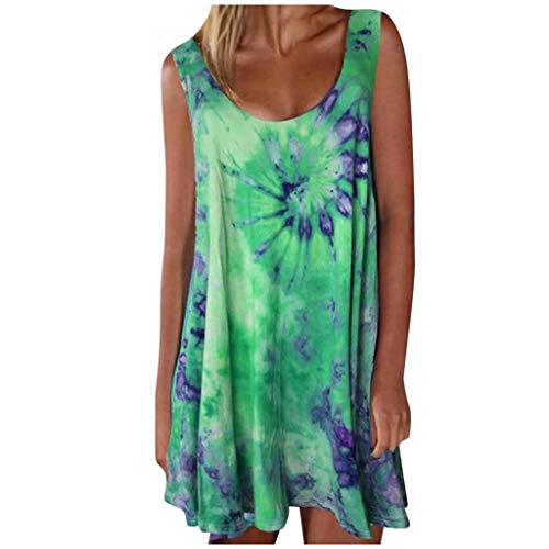 Kleider Sommer Ärmelloses Strandkleid Farbe-färbige Damenweste Bunte lässige Mode Druck lockerer O-Ausschnitt Ärmelloses Kleid Frauenkleid Viola DressesÄrmelloses Strandkleid (Green, S)