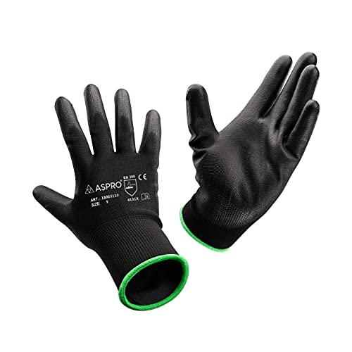 ASPRO Arbeitshandschuhe 20 Paar Größe 9 (L)- Gartenhandschuhe-Schwarze Nylon-Handschuhe mit PU-Beschichtung für Bauarbeiter, Gärtner, Mechaniker, Bauarbeiter, Lagerarbeiter etc.
