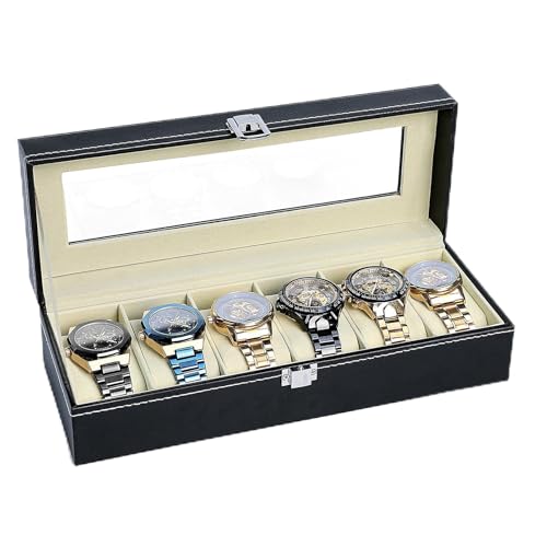 AfitLulu Uhrenbox 6 Uhren mit Glasdeckel und Abnehmbarem Kissen, Uhrenhalter Uhren Aufbewahrungsbox Abschließbar Uhrenkoffer Uhrenaufbewahrungsbox für Armbanduhren Smartwatches (Schwarz, S)