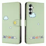 Rnrieyta Miagon für Samsung Galaxy A35 5G Hülle,Cartoon Cute Wolke Katze Handyhülle Brieftasche Klapphülle mit Kartenfach Ständer PU Leder Flip Case Cover Magnetverschluss,Grün