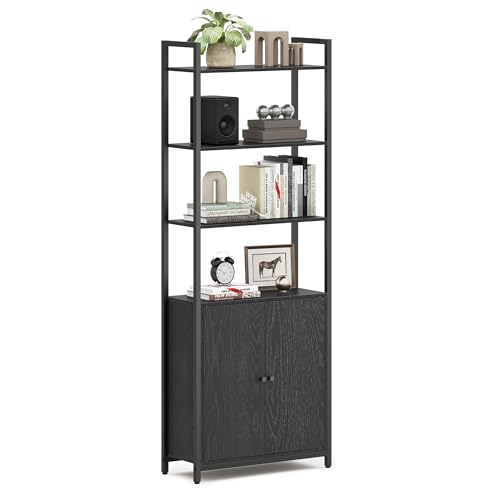 VASAGLE Bücherregal, 6 Ebenen, Regal, Standregal mit Türen, Metallrahmen, verstellbaren Ablagen, 24 x 60 x 159,5 cm, für Wohnzimmer, Schlafzimmer, ebenholzschwarz-tintenschwarz LLS133B01