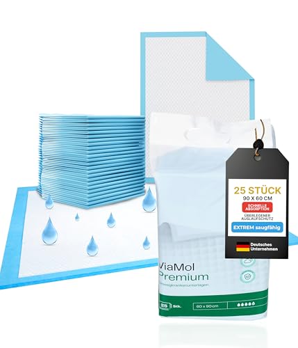 ViaMol® Premium Inkontinenzunterlage Einweg – 25 x Wickelunterlage – Weich & Bequem, Saugstark 1400 ml/m² – Premium Krankenunterlagen 60x90 cm