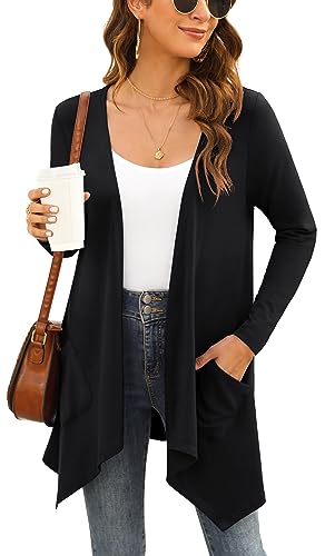 Yommay Strickjacken für Damen Elegante Langarm Damen Lässig Licht Cardigan High Low Saum mit Taschen,Schwarz,X-Large