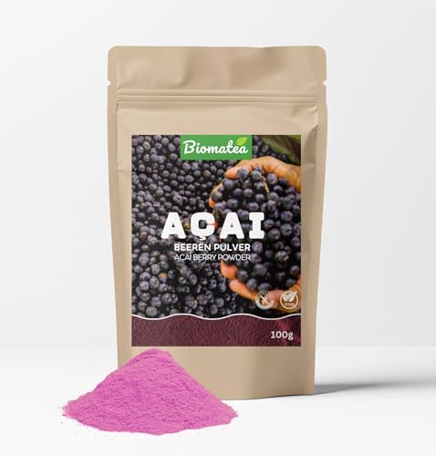 Biomatea Acai Beeren Pulver – 100% rein – Ohne Zusätze, Vegan, Glutenfrei – Ideal für Smoothies, Joghurt & Müsli – 100g Zip-Beutel für Frische, Acai Powder Superfood
