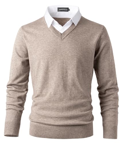 Harbrosrce Herren Strick Pullover V Ausschnitt Strickpullover Feinstrick Mock Hemdkragen Strickwaren Lange Ärme Gestrickt Strickjacke Sweatshirt Pulli