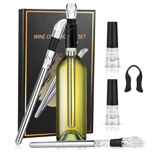 Cieex 7-in-1 Premium Weinkühler Set, 2 Weinkühlstab aus Edelstahl mit Ausgießer & 2 Flaschenverschluss, Flaschenkühler Wein Zubehör, Geschenke für Frauen Männer, Rot-Weißwein Weinliebhaber