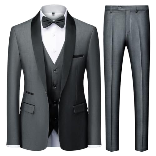 KUDMOL Herren 3 Stücke Anzug Slim Fit EIN Knopf Schal Revers für Hochzeit Prom Blazer Weste Hosen Set(Grau,S)