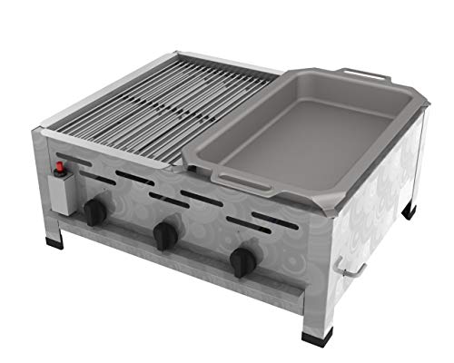 ChattenGlut Professional Gastrobräter 3-flammig Tischgerät Edelstahl Stahlbrenner für Flüssiggas 650x530x270mm (13,5kW Kombination 1er Rost + 1er Pfanne)