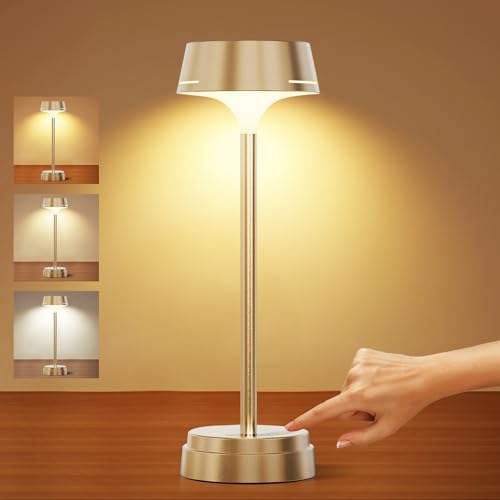 GOVSSING Tischlampe Kabellos, 5200mAh Akku Tischleuchte USB Aufladbar mit Ladestandsanzeige, Touch Tischlampen Dimmbar, 3 Farbtemperatur, LED Tischlampe mit Timer & Memory-Funktionen, Gold