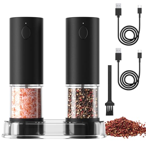COKUNST Elektrische Salz und Pfeffermühlen Set, USB Wiederaufladbar Schwarze Pfeffermühle mit Basis, 5 Grobstufen Verstellbar, LED-Licht Automatisches Mahlen für BBQ Restaurant Küche
