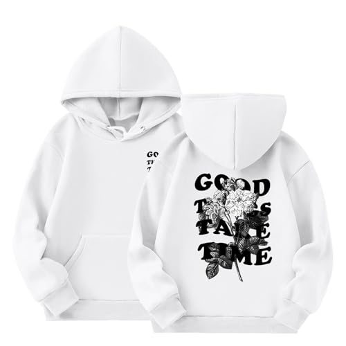 2025 - Kinder Mädchen Sport Shirt Junge Mädchen Casual Hoodie Pullover Kapuzenpullover mit Tasche geeignet für Teenager Mädchen Jungen Mädchen Pullover Bauchfrei 152 (White, 7-8 Years)