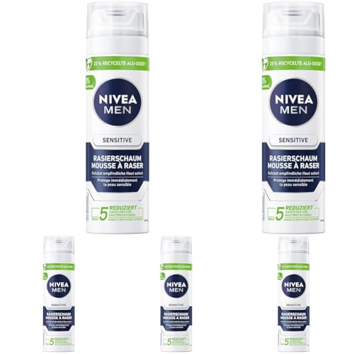 NIVEA MEN Sensitive Rasierschaum (200 ml), Rasierschaum mit Kamille und Vitamin E für eine sanfte Rasur, schützender Rasierschaum für Männer gegen Hautirritationen (Packung mit 5)