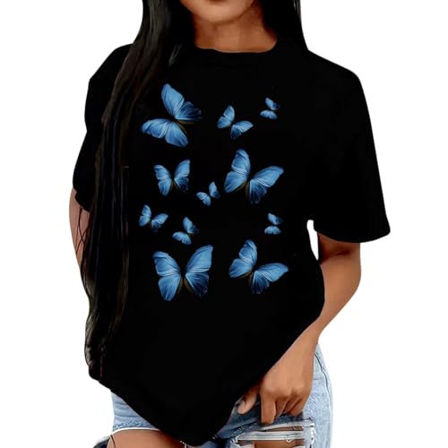 Modisches, lockeres, übergroßes T-Shirt mit blauem Aufdruck für Damen in Übergröße Schwarzlicht Outfit (Black, XXXXL)