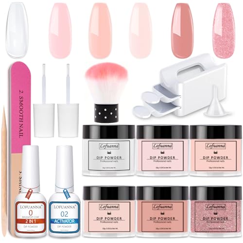 6 Farben Dipping Powder Nails Set Dipping Powder mit Dip Liquid Base Top Coat Activator and Nägel Brush Dip Acryl Nagelset NäGel Selber Machen für Home & Salon (Set 2 clear)