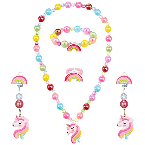 SOSPIRO Kinder Schmuck Set, 5 Stück Mädchen Perlenkette Set Einhorn Halskette Kinder Perlenarmband Regenbogen Ohrringe Ring, Prinzessin Schmuck Set Geschenk Für Kinder Mädchen Party Mitgebsel (Rosa)