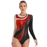 Nyeemya Damen Turnanzug Langarm Gymnastikanzug Einteiler Bodysuit mit Strass Ballett Trikot Tanz-Body Tanzkleidung Rot S