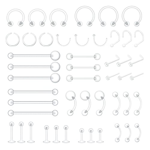 MixPiercing 48 Stück Klare Piercing Retainer aus Kunststoff für Nase Zunge Brustwarze Nippel Bauch Lippen Labret Septum Hoops Ohr Knorpel, Plastik Piercing Platzhalter Schmuck für OP