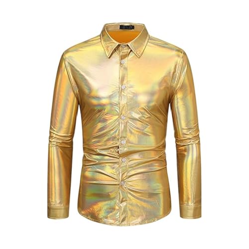 ASFWAGQ Glänzende Metallic Hemden für Herren Bronzing Nachtklub Party Langarm Hemd schmale Passform Knopfleistenshirt für Club, (DE/NL/SE/PL, Alphanumerisch, L, Regular, Regular, Goldschimmer)