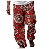 Taschen Kochhose Herren Bunt Radhose Lang Herren Frühjahr Laufhose Männer afrikanischen Dashiki traditionellen Stil Casual Hose Sommer Hawaii Urlaub Ankara Strand Blumenhose Herren Hose Cargo (Red, S)