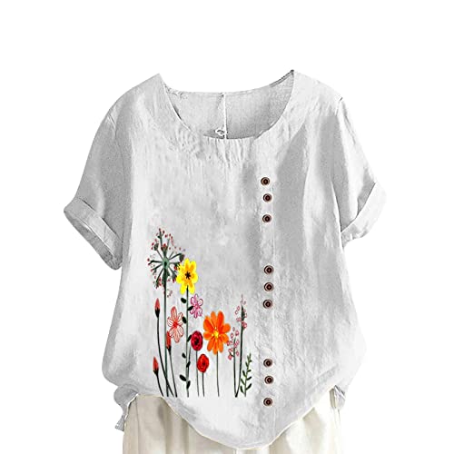 KOG Warehouse Deal - Damen Tshirt Lose Leinenbluse Longshirt Elegant Kurzarm Tee Bluse Slim Fit Tie-Dye Muster Top Teenager Asymmetrischer Ausschnitt Vintage Tuniken Outlet Amazon Weiß S