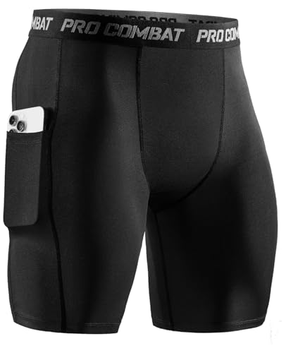 Niksa 1er Pack Herren Kompressionsshorts,Schnelltrocknendes Baselayer Unterhose Tights Kurz hochwertig, Sportshorts mit Handytasche, Schwarz, L