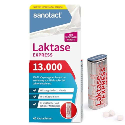 sanotact Laktase 13.000 EXPRESS (40 Laktasetabletten) • Laktose Tabletten mit Sofortwirkung • Bei Laktoseintoleranz & Milchunverträglichkeit • Für spontanen Genuss von Milchprodukten