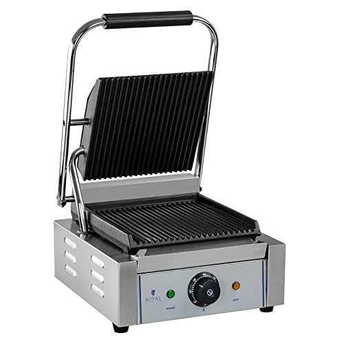 Royal Catering RCCG-1800G Kontaktgrill Elektrogrill Tischgrill Sandwichtoaster (1.800 W, 23 x 22 cm, 230 V, geriffelt, Fettauffangschale, Edelstahl, Gusseisen)