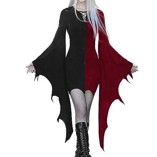 Damen Langarm Halloween Print Gothic Kleid Schlitz Maxikleid, rot, M