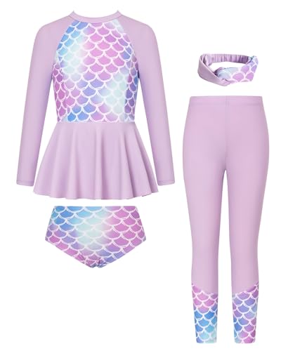 GRACE KARIN Mädchen Rashguard Sets 4-Teilig Bademode Langarm Swimsuits Lila Meerjungfrau 8 Jahre