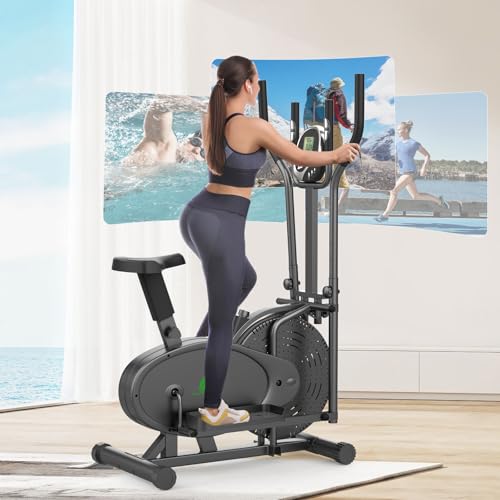 Cowmew Ellittica Crosstrainer Und Heimtrainer 2 in 1 für Zuhause, Fitnessgeräte Stepper Mit Sitz + LCD-Monitor + Einstellbarem Widerstand + Rutschfestem Pedal, Cardio Hometrainer