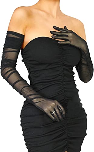 Hoseirty Damen lange Tüll Hochzeit Party Handschuhe für Braut 27,5 Zoll Ellenbogen Länge Vintage Sheer Tee Party Abend Prom Oper Party Handschuhe, Schwarzes Netz 01, Elbow Length