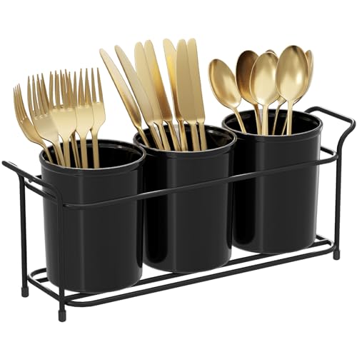 Lifewit 3-teiliger Besteckhalter mit Metallrahmen, Utensilienhalter für den Küchenschrank/Arbeitsplatte, Küchenutensilienhalter Besteckkorb Tisch aus Kunststoff für Gabeln/Löffel/Messer, Schwarz