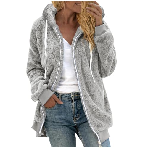 Damen Fleecejacke Warme Bequem, Winterjacke Stylisch Funktional, Winter Warm Lose Plüsch Zip Hooded Jacke, Plüschjacke Elegant Schick, Sale Angebote Teddyjacke Lässig Tolle Steppjacke