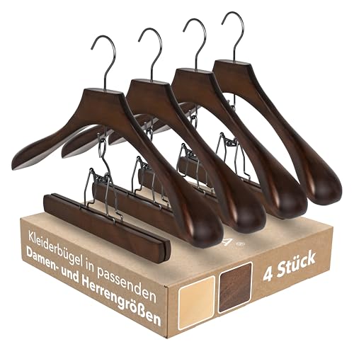 SUITS VIENNA® Kleiderbügel Anzug | 4 Stück | Set für Sakko und Hose | Anzug Kleiderbügel Massivholz rutschfest | Kleiderbügel breite Schulterauflage | Kleiderbügel breit (Herren - 45 cm, Deluxe)
