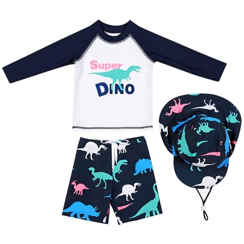 AIWUHE Jungen Kinder Badeanzug Dinosaurier 2er Set Rashguard Langärmliges Top+Badeshorts Uv-Schutz Schwimmanzug mit Hut Weißer Dinosaurier 110