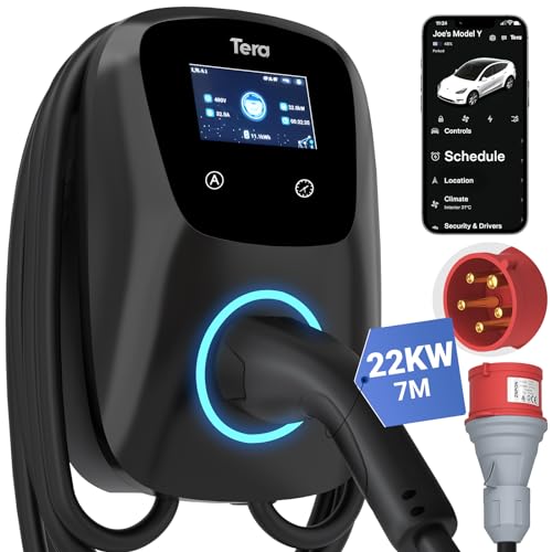 Tera EV Ladegerät Smart APP mit 32A Typ 2 22kW oder 11kW Heim Ladestation 400V CE & TÜV Wallbox 7m Ladekabel mit Ladegerätehalter App-Steuerung CEE 3-Phasen Stecker für Alle EVs und PHEVs W01 Schwarz