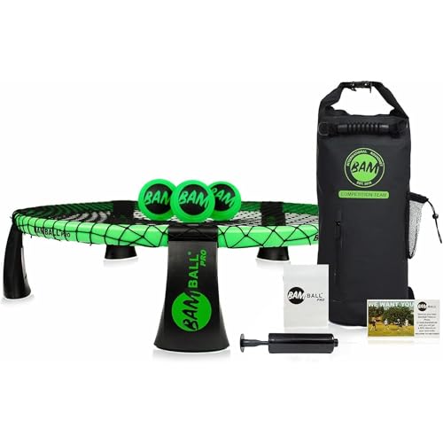 bamball® Roundnet Pro Set (Turnier Edition) – mit 3 neu entwickelten Bällen, wasserdichter Rucksack, verbessertes Netz, verstärkte Rahmenteile & Ballpumpe