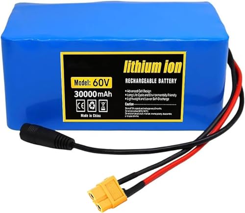 Ebike akku 60V 30Ah, Ebike Battery 60V 30000MAh Lithium-Ionen-Batterie wasserdichter PVC-Akku eingebauter BMS mit Ladegerät für 200W 350W 500W 750W 800W 1000W Motor 60V 30Ah,XT60