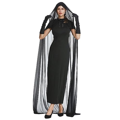 Damen-Halloween-Cos-Performance-Kostüm-Kleid-Set (Kleid + Kopfbedeckung + Handschuhe + Tanga) Kegelhut Mittelalterlich (new3-Black, XL)